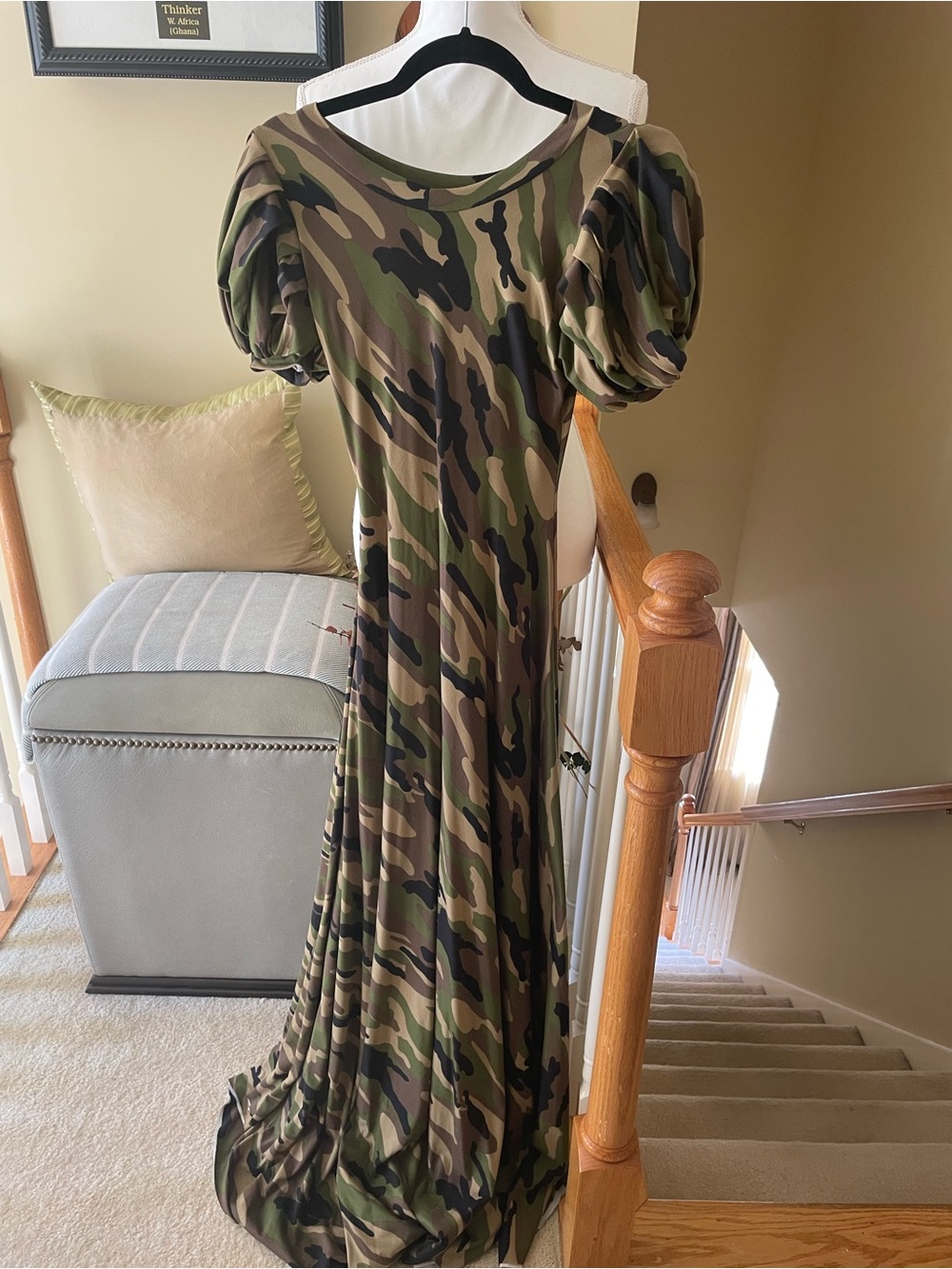Onion Camouflage Puff-Sleeve Maxi Dress - Green Camo -EUC